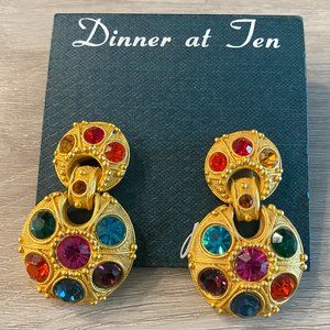 Vintage 80's Deadstock BLANCA Signed Satin Matte Gold Jeweled Clip Earrings